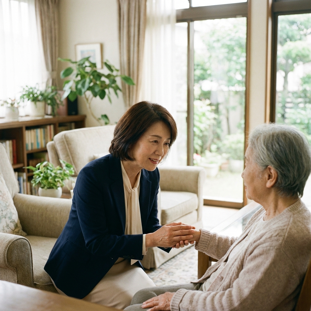 笑顔で会話するケアライフデザイナーとワーキングケアラー